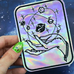 Celestial Hand Rectangle Holographic Vinyl Iron On Embroidered Patch