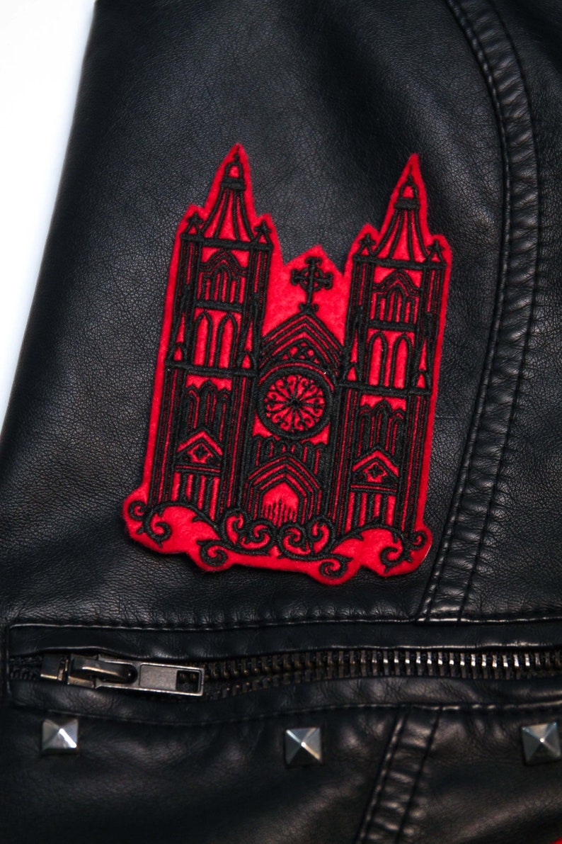 Gothic Cathedral Red and Black Embroidered Iron on Patch image 2