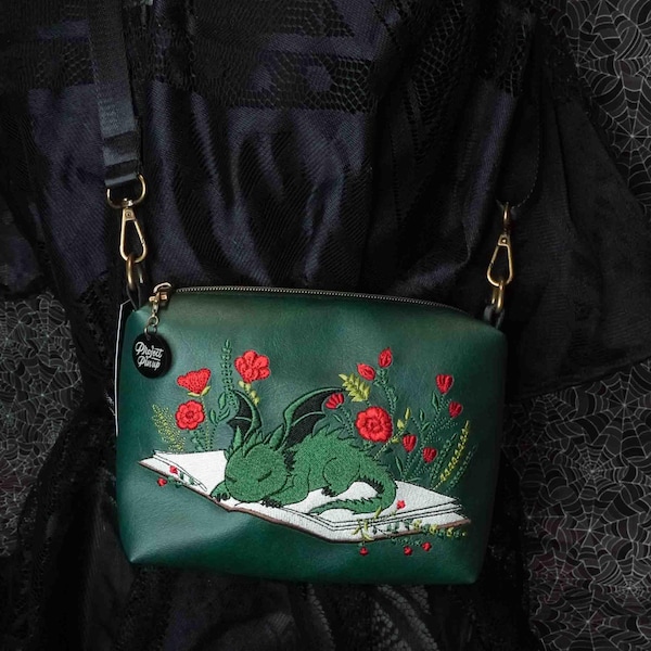 Forest Green Sleeping Book Dragon Small Crossbody Bag with Brass Hardware