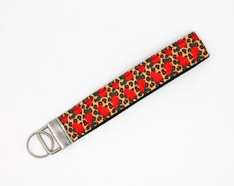 Leopard and Red Roses Keychain Key Fob Wristlet
