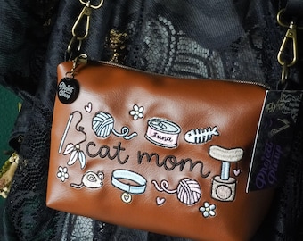 Cat Mom Saddle Brown Small Crossbody Bag - Handmade, Vegan Leather, Colorful Embroidery, Brass Hardware