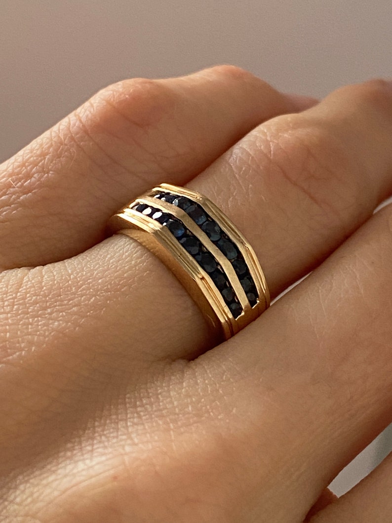 Deco Sapphire Ring 10k Solid Gold sculptural organic shape band Size 5.75 90's vintage jewelry image 1