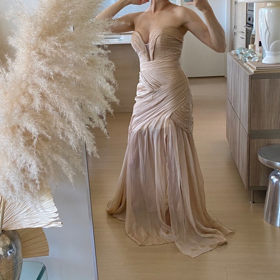 Pleated Chiffon Gown ~ Silky taupe pleated dress s