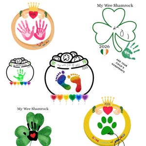 May include: A collection of handprint, pawprint, and footprint art designs. The designs include shamrocks, pots of gold, and circles with hands or paws. The text includes "My Wee Shamrock", "My Wee Pot of Gold", and "Add your Pet's Pawprint."