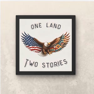 May include: A square framed wall art piece featuring a bald eagle with wings spread. One wing displays the American flag pattern, while the other features a colorful geometric design. The text ONE LAND TWO STORIES is printed in black.