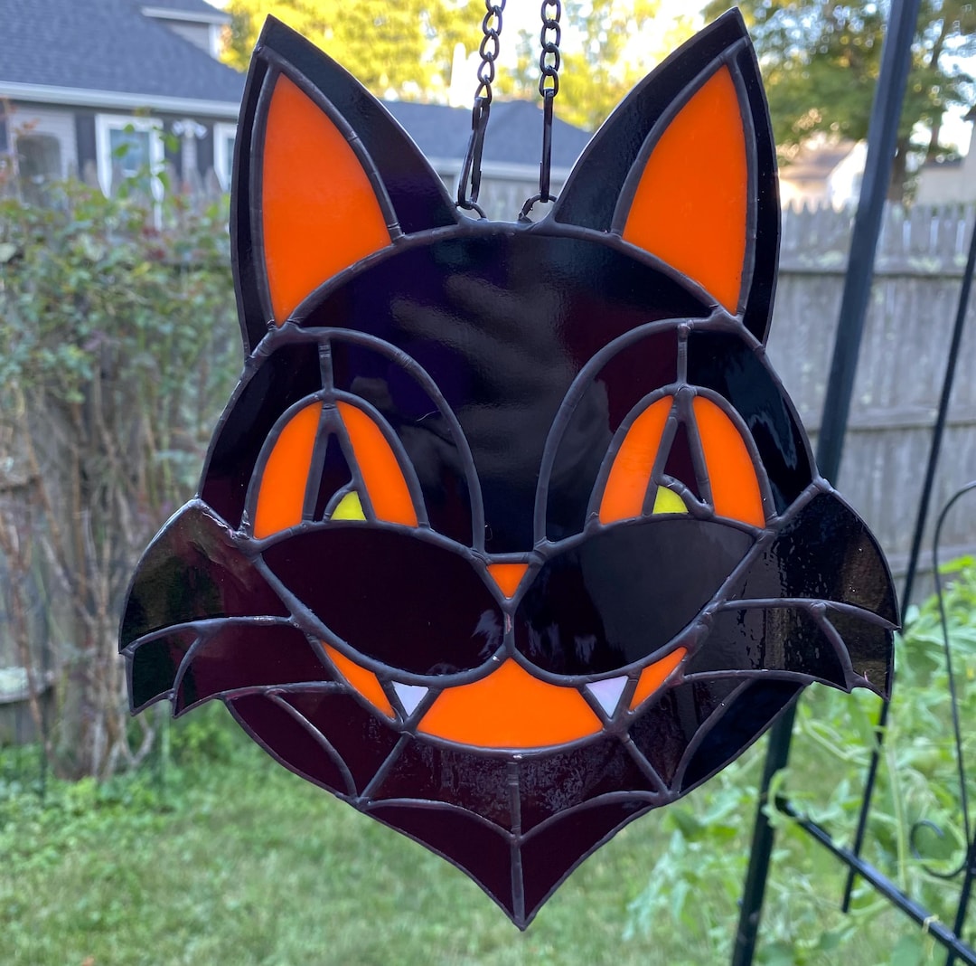 Retro Halloween Black Cat Stained Glass Pattern - Suncatcher Template ...