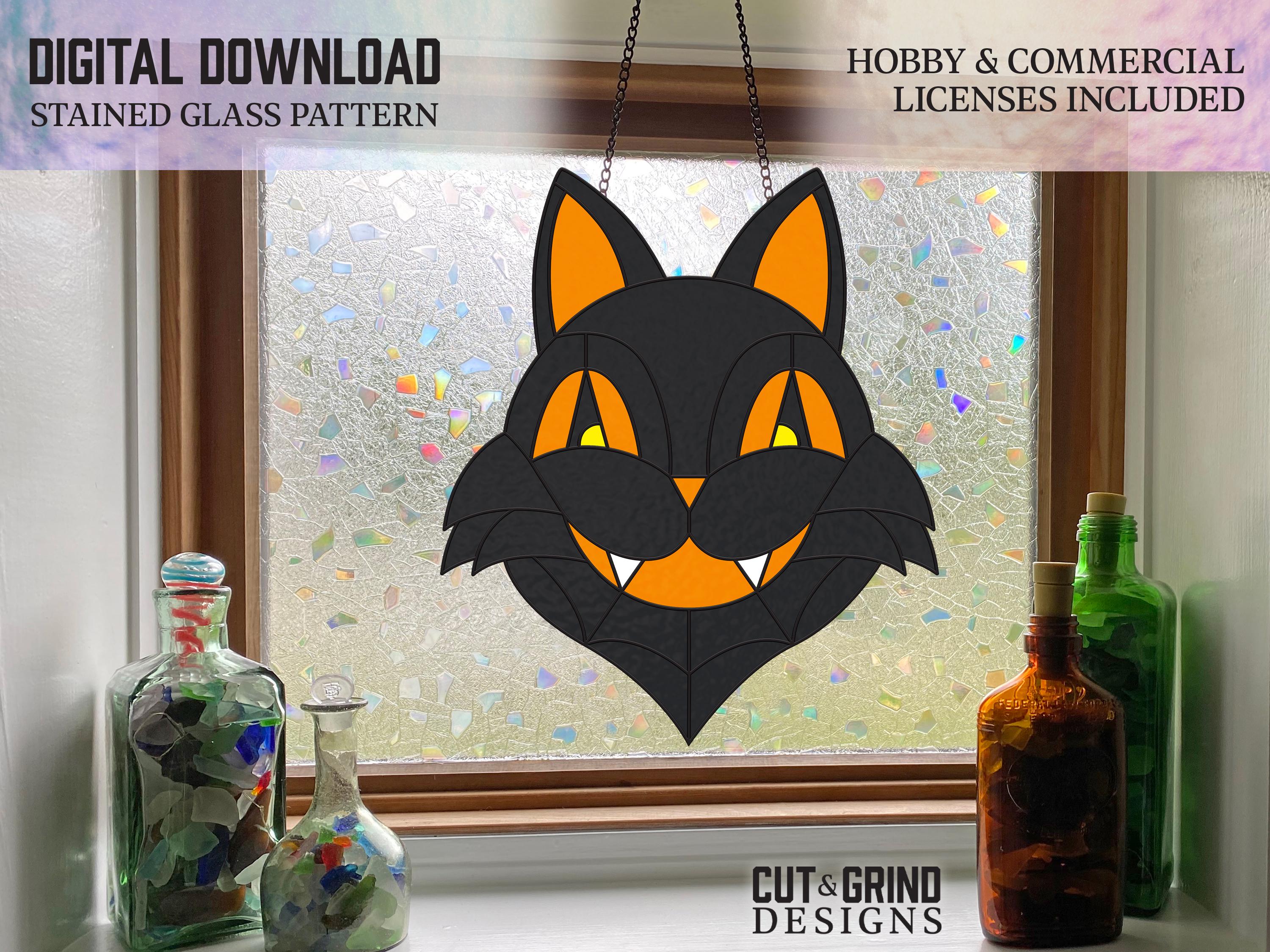 Retro Halloween Black Cat Stained Glass Pattern - Suncatcher Template ...