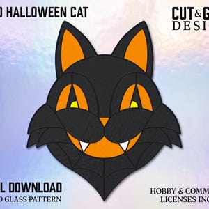 Retro Halloween Black Cat Stained Glass Pattern - Suncatcher Template ...