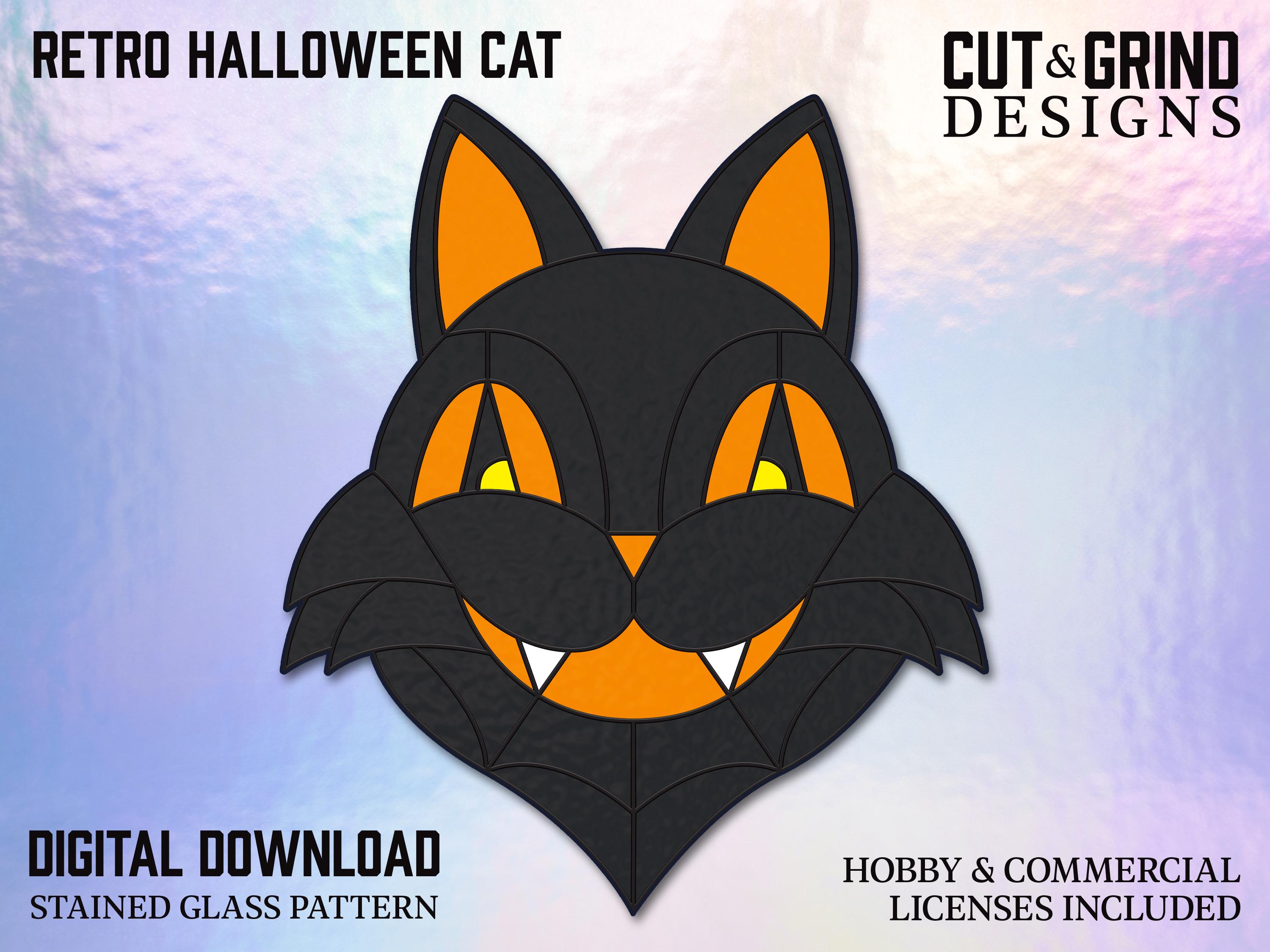 Retro Halloween Black Cat Stained Glass Pattern - Suncatcher Template ...
