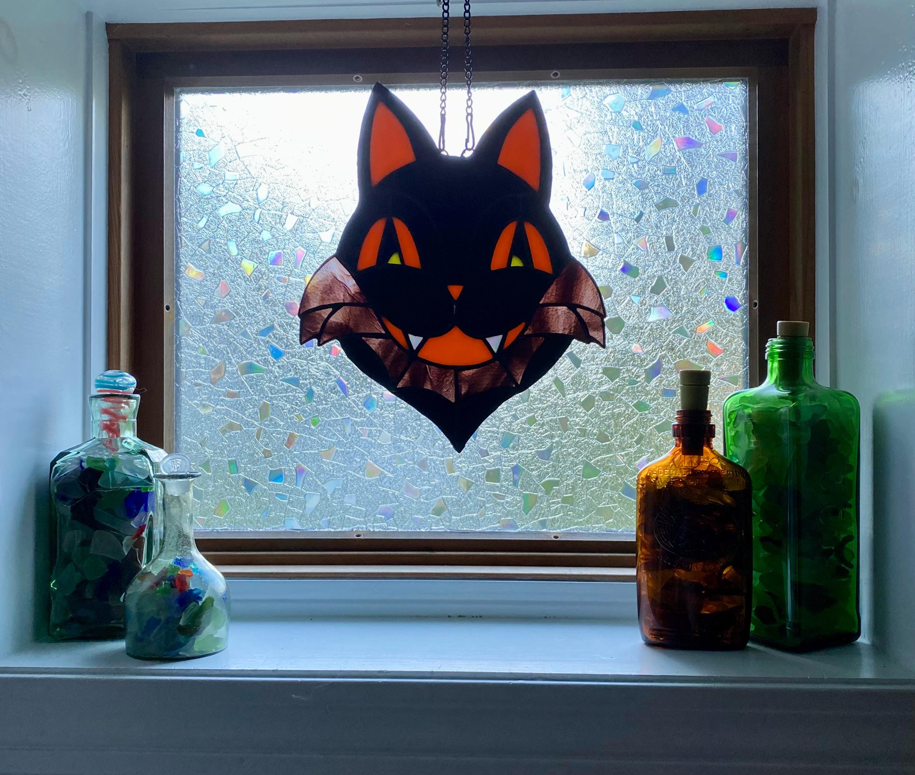 Retro Halloween Black Cat Stained Glass Pattern - Suncatcher Template ...