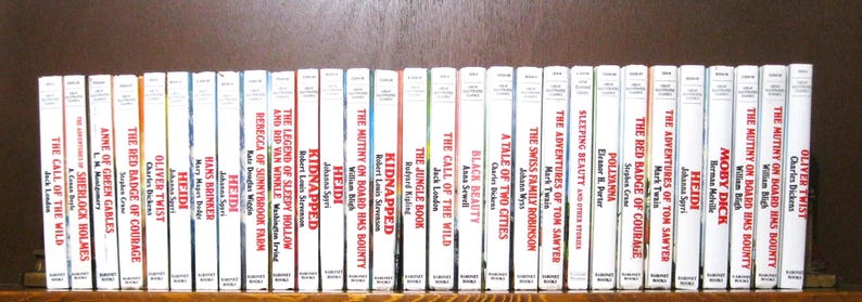 May include: A row of classic novels with white spines and colourful titles, including "Oliver Twist" and "Moby Dick." The books are displayed on a wooden shelf against a dark brown backdrop. The titles are clearly visible.