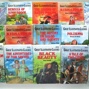 May include: A selection of vintage "Great Illustrated Classics" books, including "Heidi," "The Jungle Book," and "Black Beauty." The books have colourful illustrations and are arranged in a grid. Titles are displayed on the spines.