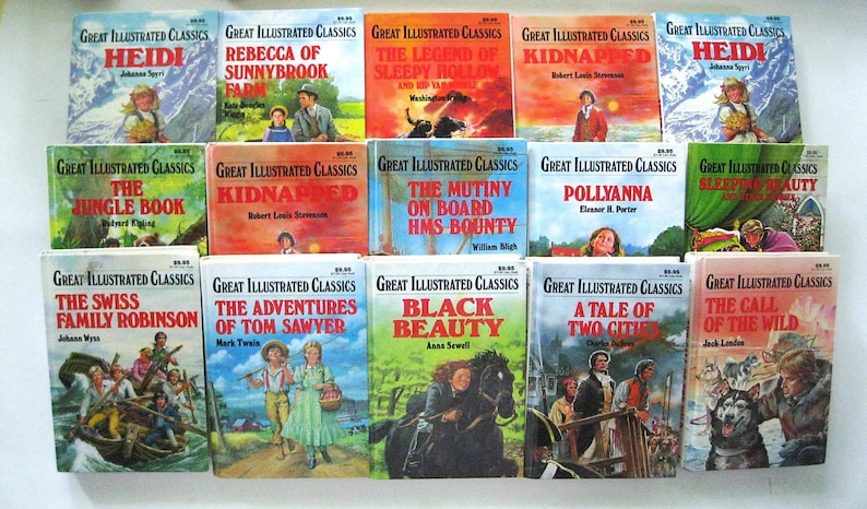 May include: A selection of vintage "Great Illustrated Classics" books, including "Heidi," "The Jungle Book," and "Black Beauty." The books have colourful illustrations and are arranged in a grid. Titles are displayed on the spines.