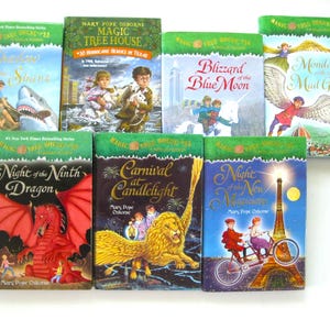 May include: A collection of Magic Tree House children's books. The covers feature colorful illustrations of dragons, historical figures, and fantastical scenes. Titles include "Night of the Ninth Dragon" and "Carnival at Candlelight".