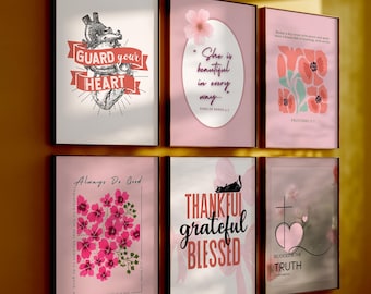Christian Wall Art Bundle in Pink, Bible Verse Printable Posters, Cute Preppy Christian Prints, Bible Quotes Wall Art, Scripture Quotes