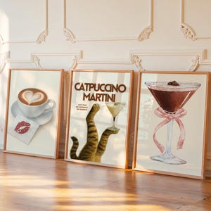 Cappuccino Martini Wall Art Printable Coffee and Cocktail Decor Cat Lover Kitchen Poster Retro Cafe Dopamina Digital Download Triptych Set