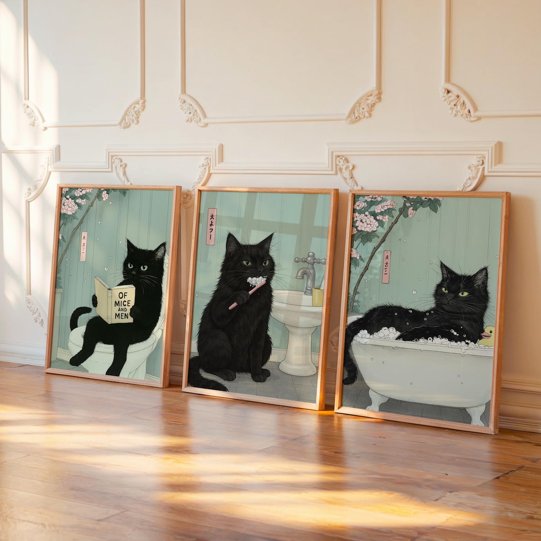 Japanese Black Cat Bathroom Wall Art Set – Funny Cat Reading, Bathing ...