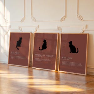 Set of 3 Wall Art - Definition Inspired Typography Cat Lady, Fur Mama & Crazy Cat Person Silhouette Minimalist Pet Decor, Instant Download