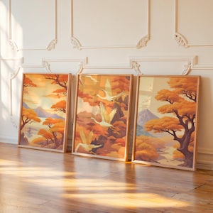 Japandi Decor: Vintage Crane Set of 3 - Printable Wall Art Bundle, Serene Japanese Crane Triptych - Instant Download Nature Prints Asian
