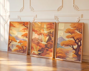 日本の風景画3枚セット｜四季の花鳥画ポスター、屏風壁アート三連画