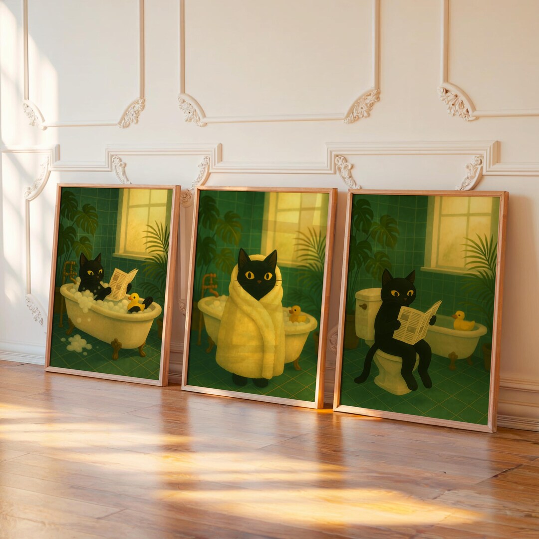 Funny Black Cat Bathroom Bundle Wall Art Set of 3 Triptych Funny Cat ...