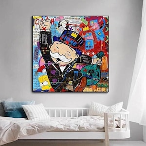 Stampa su tela con graffiti raffiguranti un sacco di soldi del Monopoly - Un pezzo unico e accattivante per la decorazione murale