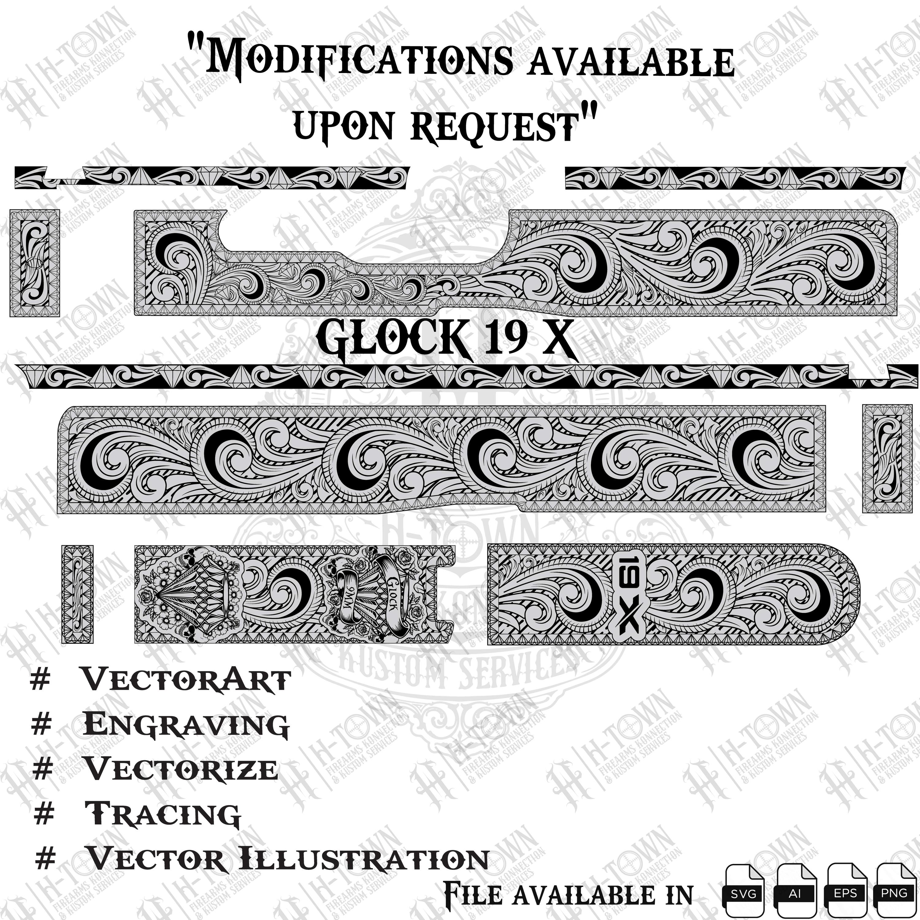 Glock19X アラベスク彫刻 スライド Glock 19X Scroll Engraving Vector | Firearm Slide Design (digital