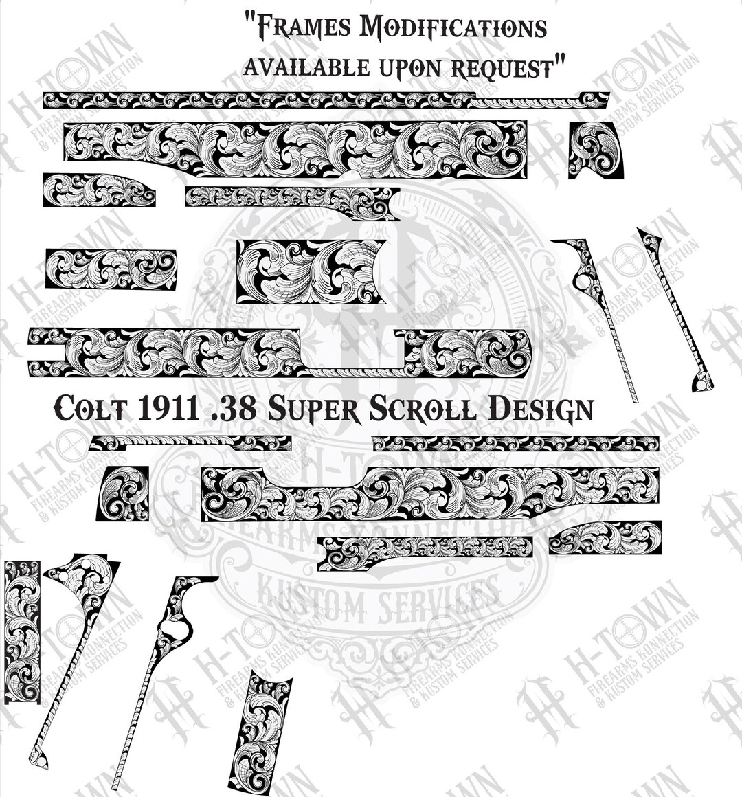 Colt 1911 .38 Super Scroll Engraving Design: Full Pistol Vector