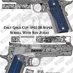 Colt Gold Cup 1911 .38 super San Judas Scroll With Engraving | Religious Grip & Slide Vector Design | Svg PNG EPS AI | Laser Ready Art
