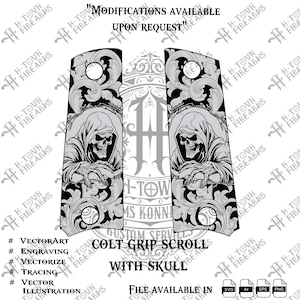 Colt Grip Scroll With Skull Vector Design | Laser Svg PNG EPS AI | Custom Pistol Art