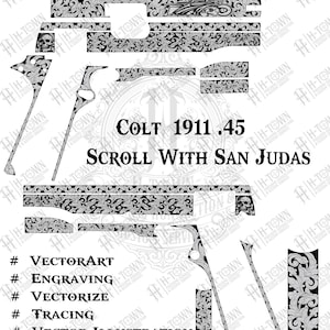 Colt 1911 .45 San Judas Scroll Engraving | Religious Grip & Slide Vector Design | Svg PNG EPS AI | Laser Ready Art