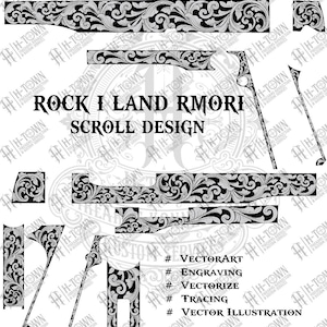 以下が含まれることがあります： 「ROCK I LAND RMORI SCROLL DESIGN」のテキストが入った、白黒のスクロールデザイン要素。画像には「MODIFICATIONS AVAILABLE UPON REQUEST」のテキストとファイル形式のアイコンが含まれています。