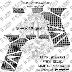 May include: A black and white graphic design for a Glock 19 Gen 5, featuring a chevron pattern with angled stripes. Text includes "Modifications Available Upon Request", "EZ to Use Works with EZCAD, Lightburn, Inkscape", and "File Available In".