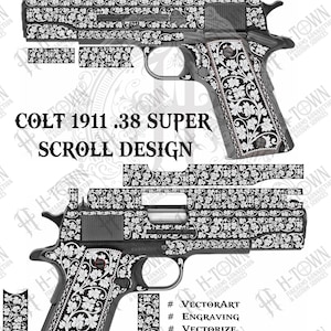 May include: An image of a Colt 1911 .38 Super pistol with a scroll design. The firearm is black and silver, with detailed floral patterns. The image includes text indicating vector art, engraving, vectorizing, tracing, and vector illustration.
