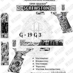 May include: A black and white vector graphic design for a G-19 G3 firearm, featuring intricate scrollwork, a city skyline, a cassette tape pattern, and an astronaut illustration. The text reads MODIFICATIONS AVAILABLE UPON REQUEST, SCREWSTON, and G-19 G3.