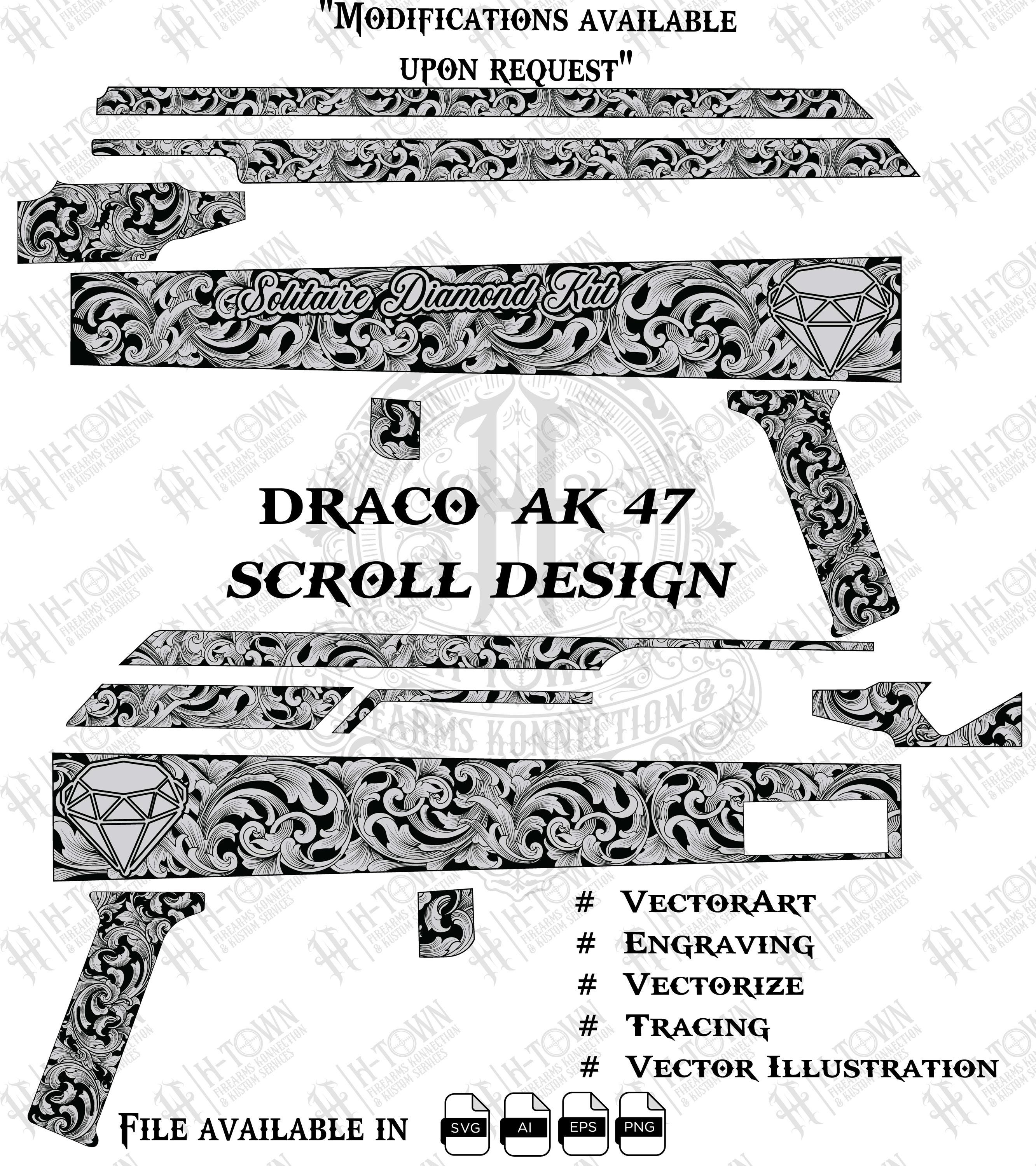 Draco AK47 Scroll Engraving Design: Laser Ready Vector (digital