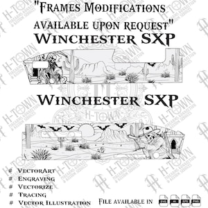May include: Black and white vector illustrations of Winchester SXP firearm modifications. The top design features a desert scene with a skeleton and cacti. The bottom design shows a cowboy and bats. Text includes "Frames Modifications Available Upon Request".