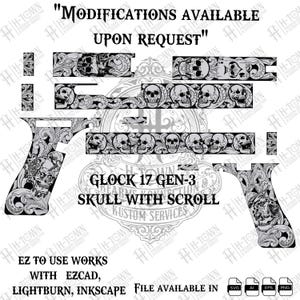 Peut inclure: Un design graphique en noir et blanc pour un Glock 17 Gen-3, avec un motif de crâne et de volutes. Le design comprend le texte "Modifications disponibles sur demande" et "Skull with Scroll". Compatible avec EZCAD, Lightburn et Inkscape.