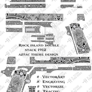 May include: Black and white Aztec-themed design for a Rock Island Double Stack 1912 firearm. The image includes various components with intricate patterns, skulls, and geometric shapes. Text includes "Modifications Available Upon Request" and design details.