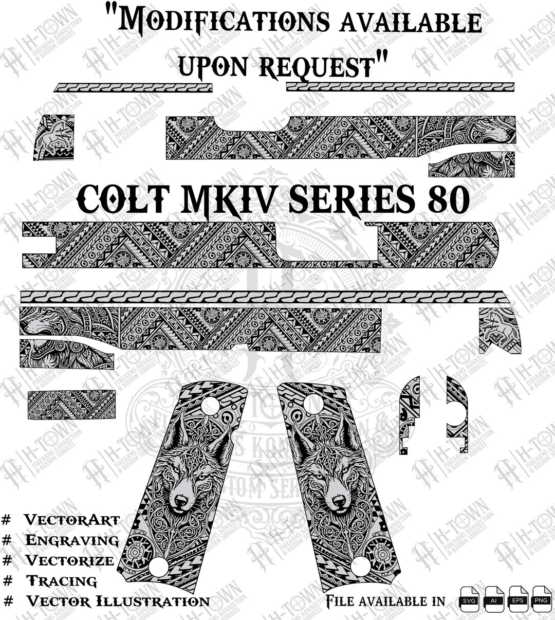 Colt MKIV Series 80 Wolf Engraving Vector | Tribal Gun Slide Grip