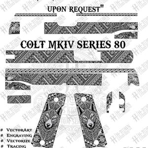 Może przedstawiać: Szczegółowy czarno-biały projekt graficzny dla Colt MKIV Series 80. Projekt zawiera skomplikowane wzory i ilustrację wilka na uchwycie. Tekst zawiera "Modyfikacje dostępne na życzenie" i opcje typu pliku.