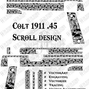 Colt 1911 .45 Scroll Engraving | The World Is Yours Grip Design | Laser Ready Svg PNG EPS AI | Full Slide Vector Art