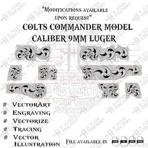 Colt Commander 9mm Luger Scroll Engraving | Compact Slide Vector Design | Laser Svg PNG EPS AI | Custom Engraving Art