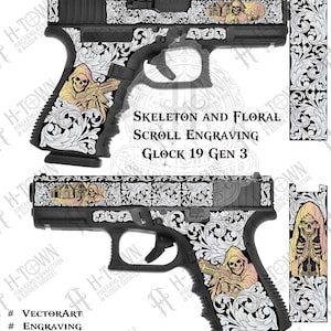 Könnte beinhalten: Zwei schwarze Glock 19 Gen 3 Pistolen mit aufwendiger Skelett- und floraler Scrollgravur. Das Design beinhaltet eine Skelettfigur mit einer Waffe und einem kleinen Gebäude. Der Text "FRAMES MODIFICATIONS AVAILABLE UPON REQUEST" ist ebenfalls enthalten.