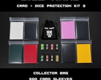 Dice Wars – Complete Card & Dice Protection Kit 2 – Collector Dice Bag, Card Sleeve and Dice Set – Includes 200 Matte Card Sleeves + 16 Dice