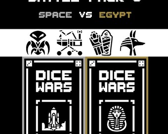 Dice Wars Expansion – 2 Player Dice Card Game – Space vs Egypt – Battle Pack 8 – Strategy TCG – Grey vs Gold – 48 Cards + 4 Dice