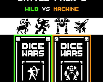 Dice Wars – 2 Player Dice Card Game – Wild vs Machine – Battle Pack 3 – Strategy TCG – Green vs Orange – 48 Cards (24 Per Deck) + 4 Dice