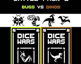 Dice Wars Expansion – 2 Player Dice Card Game – Bugs vs Dinos – Battle Pack 5 – Strategy TCG – Neon Green vs Brown – 48 Cards + 4 Dice