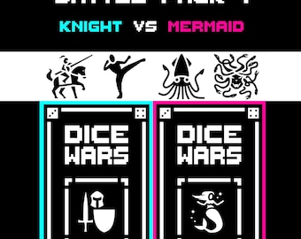 Dice Wars – 2 Player Dice Card Game – Knight vs Mermaid – Battle Pack 1 – Strategy TCG – Cyan vs Pink – 48 Cards (24 Per Deck) + 4 Dice