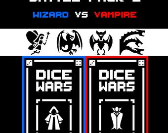 Dice Wars – 2 Player Dice Card Game – Wizard vs Vampire – Battle Pack 2 – Strategy TCG – Blue vs Red – 48 Cards (24 Per Deck) + 4 Dice